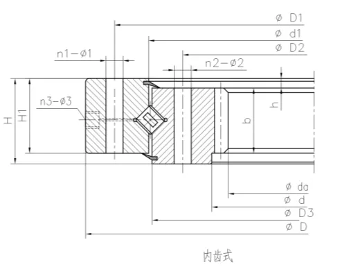 內(nèi)齒式交叉滾子轉(zhuǎn)盤軸承結(jié)構(gòu)尺寸圖